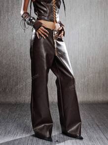 Low-Rise Distressed Wide-Leg PU Leather Pants