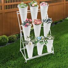 Flower Display Stand, Flower Display Stand With Buckets, Flower Bar Stand With Wheels Flower Stand Flower Cart Display Stand With Wheels, Flower Bar Stand With Buckets (3 Layers-9 Round White Buckets-B) - 白色 - 查看 1
