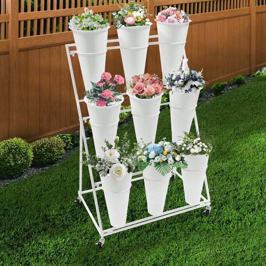 Flower Display Stand, Flower Display Stand With Buckets, Flower Bar Stand With Wheels Flower Stand Flower Cart Display Stand With Wheels, Flower Bar Stand With Buckets (3 Layers-9 Round White Buckets-B) - 白色 - 查看 1