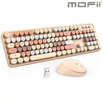 MOFII Combo teclado y ratón inalámbrico MOFII, teclado inalámbrico retro con teclas redondas, ratón inalámbrico lindo para Windows, computadora, escritorio, PC, portátil