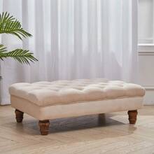 LIVINGANDHOME Living And Home Velvet Footstool - Button-Tufted Rectangular Pouf With Gourd Wooden Legs (90x60cm, Grey) - Beige - View 7