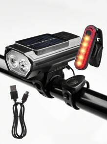 Conjunto de luces de bicicleta recargables USB alimentadas por energía solar, faro de bicicleta LED con luz de emergencia y bocina, resistente al agua, con 3 modos de iluminación
