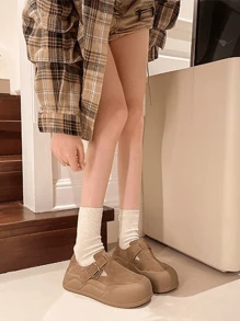 Scarpe da donna vintage chunky, suola spessa, cintura in pelle con fibbia, mocassini stile biker senza lacci, punta tonda, scarpe morbide da mocassino, di per l"autunno/inverno - Cachi - Visualizzare 1