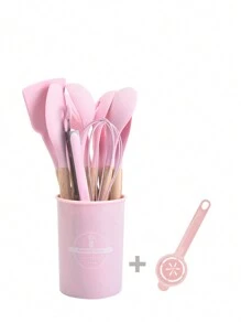 12入組矽膠和木柄炊具套裝帶儲物桶