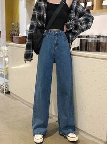 Jeans Para Mujer Pantalones De Cintura Alta Jeans Straight Loose Dragging Wide Leg Pantalones Drapeados - Azul lavado oscuro - Ver 1