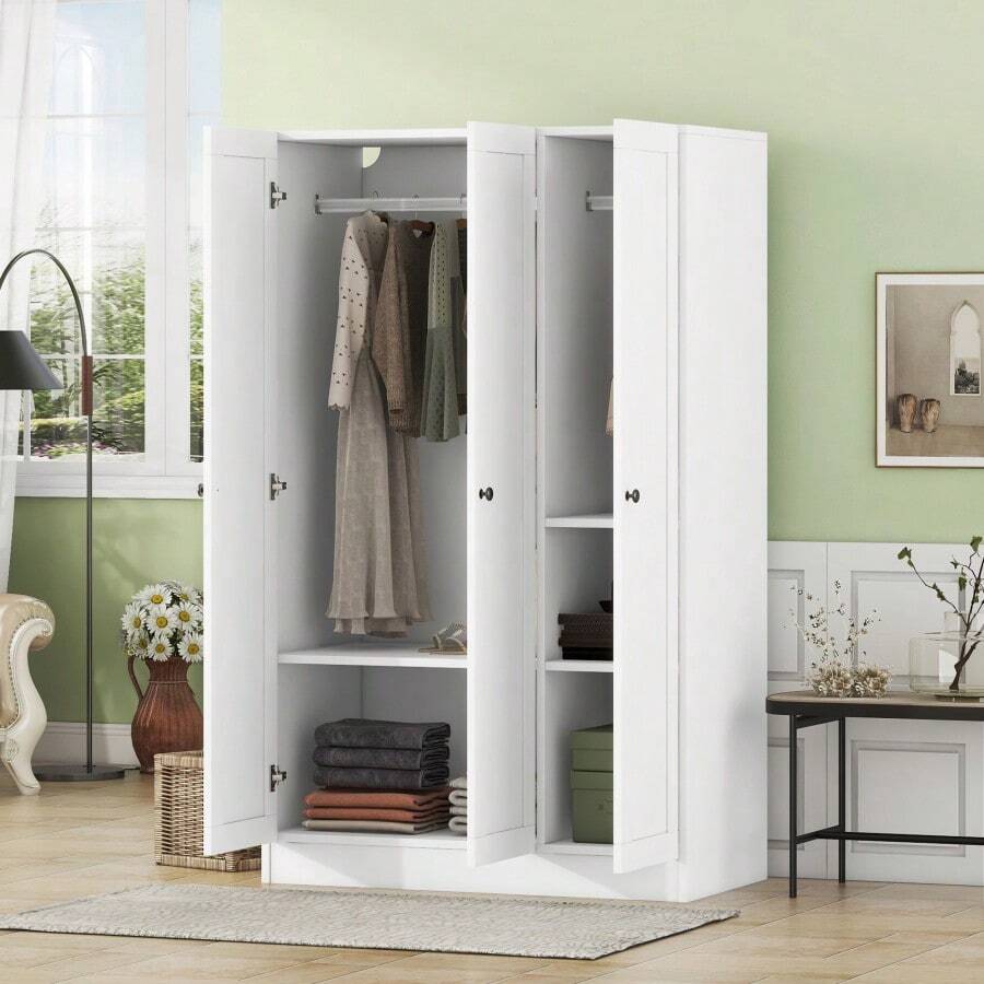 3-Door Shutter Wardrobe With Shelves, White