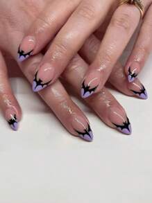 32pcs/Set Halloween Nail Stickers, Light Pink Rectangle Press-On Nails With Skull & Cross Designs, French Manicure Nail Strips Suitable For Women & Girls, Holiday Wear, Gift, Includes 1pc Jelly Gel & 1pc Anti-Slip Sticker - Multicolor - View 4