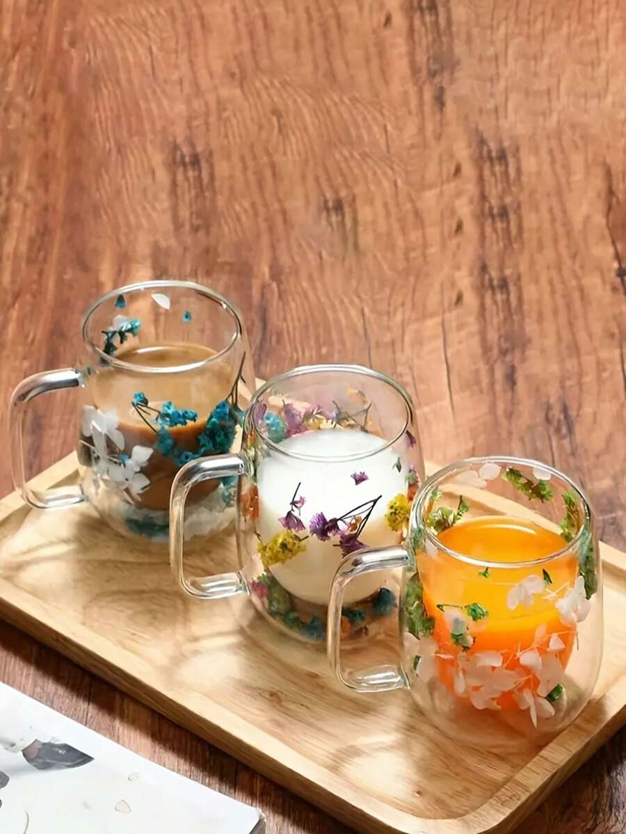 1 pieza Taza de vidrio de doble capa con gran capacidad para flores secas - Recipiente de vidrio hueco transparente para té y bebidas - Diseño floral único, elegante taza de vidrio de doble capa, apta para el hogar o regalos - transparente - Ver 1