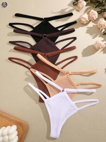 5 件套女士纯色罗纹双腰性感舒适透气内裤套装 - 彩色 - 查看 8