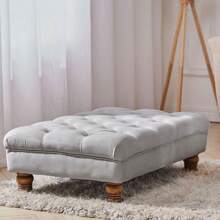 LIVINGANDHOME Living And Home Velvet Footstool - Button-Tufted Rectangular Pouf With Gourd Wooden Legs (90x60cm, Grey) - Grey - View 7