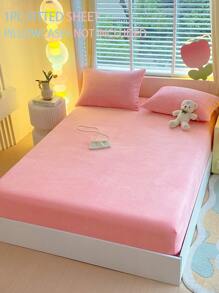 1 pieza Sábana ajustada de unicolor de terciopelo de leche súper suave - Protector de colchón infantil cómodo y cálido, adecuado para ropa de cama infantil de otoño e invierno, amor del Día de San Valentín
