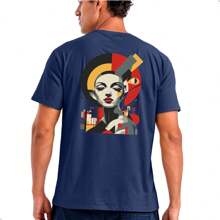 Camiseta Unissex Estampado Algodão Camisa Premium Malha Fresca Blusa Penteado Gola Redonda Tecido Leve - Azul Marinho - Visão 2