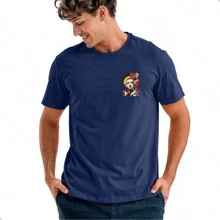 Camiseta Unissex Estampado Algodão Camisa Premium Malha Fresca Blusa Penteado Gola Redonda Tecido Leve - Azul Marinho - Visão 1