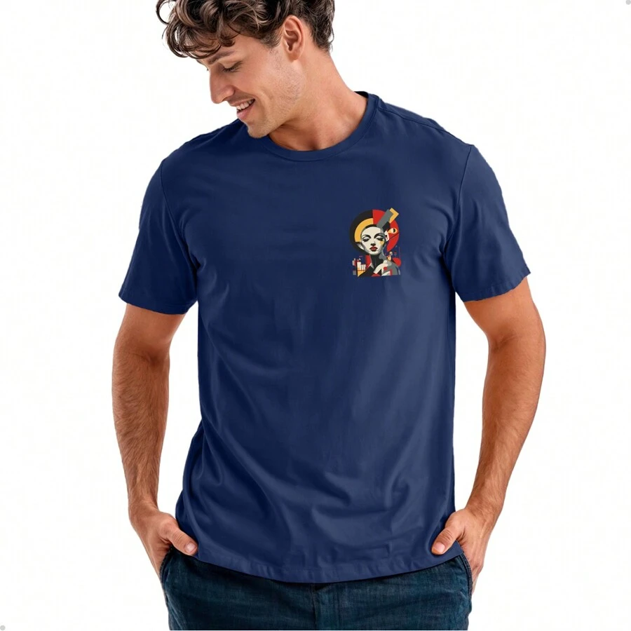 Camiseta Unissex Estampado Algodão Camisa Premium Malha Fresca Blusa Penteado Gola Redonda Tecido Leve - Azul Marinho - Visão 1