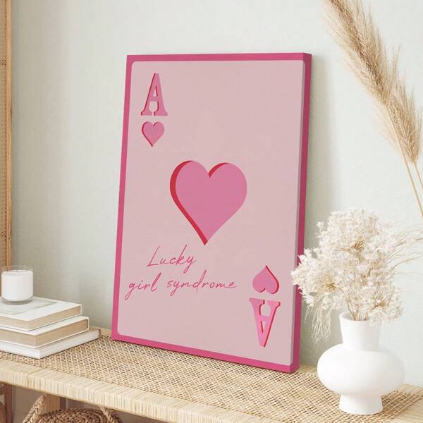 1 Pieza de arte de pared de lienzo, cartel de póker con chica afortunada de color rosa fácil de colgar, arte de pared de lienzo de póker con estilo juvenil y divertido, decoración de pared impresa para dormitorio de adolescente, decoración para el hogar moderna, minimalista y colorida, arte divertido para el baño, decoración de dormitorio y sala de estar (enmarcado)