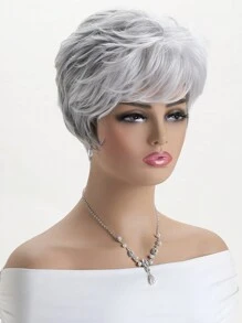 Women's Fashion Natural Fluffy Short Curly Mixed Grey 10-Inch Synthetic Fiber Wig With Side Bangs, Suitable For Daily Wear, Festivals, Costumes, Parties - 彩色 - 查看 4