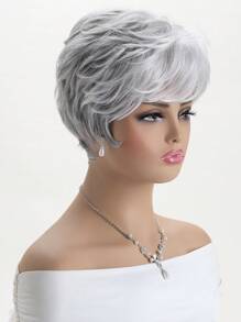 Women's Fashion Natural Fluffy Short Curly Mixed Grey 10-Inch Synthetic Fiber Wig With Side Bangs, Suitable For Daily Wear, Festivals, Costumes, Parties - 彩色 - 查看 3