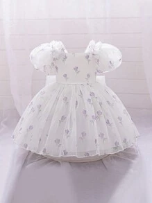 Baby Girl Shiny Organza Floral Pattern Bow Decor Cute Flower Girl Dress, Suitable For Outing & Holiday, Not Including Hair Accessory - 淡紫色 - 查看 2