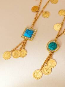 1pc Fashion Imitation Turquoise Gold Necklace Coin Fringe Decorative Necklace Suitable For Ladies Daily Date Holiday Gifts - Yellow Gold - View 2