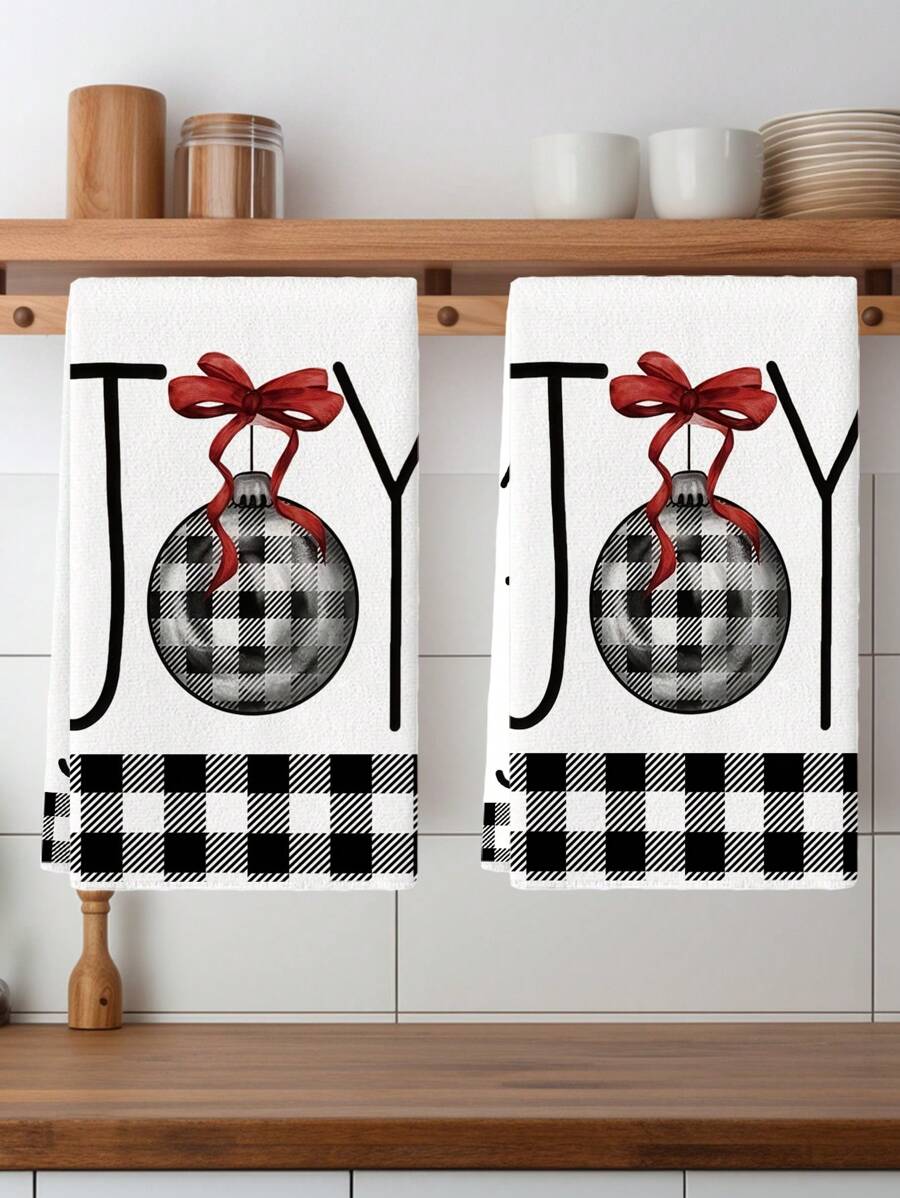 2 件圣诞快乐厨房毛巾水彩黑白水牛格子洗碗巾厨房树装饰球森林干手茶巾 15.7X23.6 英寸 - 黑色 - 查看 1