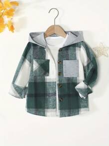 New Autumn/Winter Young Boy Color Block Hooded Long Sleeve Jacket - Green - View 1