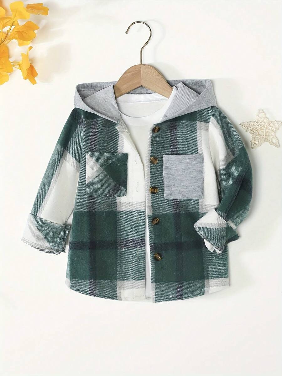 New Autumn/Winter Young Boy Color Block Hooded Long Sleeve Jacket - Green - View 1