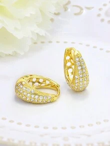 金色方晶锆石耳环，女士防过敏耳环，经典环形耳环，时尚日常佩戴，生日礼物 - 金黃色 - 查看 4