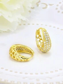 金色方晶锆石耳环，女士防过敏耳环，经典环形耳环，时尚日常佩戴，生日礼物 - 金黃色 - 查看 5