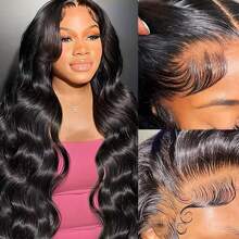 13x6 波浪前蕾丝假发 人发 预拔婴儿头发 高清前蕾丝假发 人发 180 密度 天然头发 女士假发 巴西处女波浪前蕾丝假发 - 黑色 - 查看 2