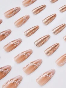 Upgrade Your Look With 24Pcs Almond Shape Fake Nails In Leaves And Glitter Design False Nails Press On Nails Nail Supplies Nails