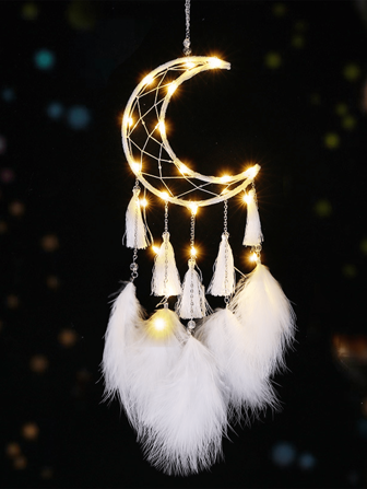 1pc Dreamcatcher Wind Chime Decor, Romantic Moon Design, DIY For Girls, Artificial Feather,Home Decor ,Room Decor,Wall Decor Gifts Birthday Graduation