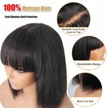 Fulgent Sun Hair Short Black Bob Wig With Bangs 180% Density Middle Part 2x1 Lace Wig Straight Short Bob Wig Human Hair Natural Human Hair Wigs - Natural Black - 查看 3