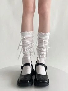 1 par de calentadores de piernas con lazo de 6 cintas en color blanco para mujeres, calcetines de nicho hechos a mano, dulces y lindos, para otoño/invierno, con adorno de encaje, cinta a rayas, puño enrollado delgado, hasta la rodilla, ajuste de punto ceñido, adecuado para vacaciones y fiestas, 2 formas de usar