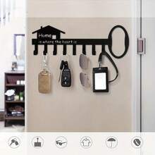 1 件黑色金属钥匙形壁挂式钥匙架，带 8 个钥匙挂钩，自粘式钥匙收纳架，适用于入口、走廊、门口、车库
