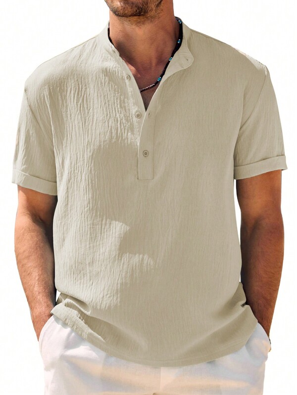 Camisa Casual para Hombre de Lino con Cuello Levantado y Manga Corta, Camiseta para Hombre Manga Corta, Corte Ajustado, camisas hawaianas hombre, guayaberas hombre, camisa manga corta hombre, camisa lino hombre, camisa manga corta, camisa de lino, camisa casual hombre, camisas hawaianas, camisa sin cuello