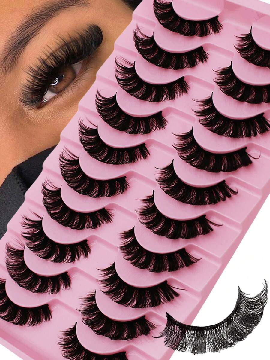 10 Pairs DD Curl Russian Strip Lashes Fluffy Volume False Eyelashes DD Curl Dramatic Messy Faux Mink Fake Lashes Make Up - Black - View 1