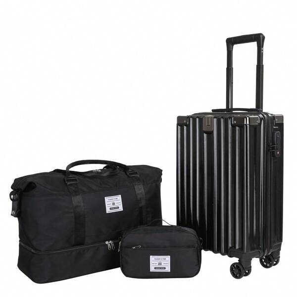 3pcs Luggage Set: Suitcase + Duffel Bag + Toiletry Bag, Black, Large Capacity, Travel/Study/Honeymoon, Including 20-Inch Carry-On Suitcase With Hooks And Trolley, Suitable For Schools, Families, Traveling Travel Suitcase Suitcases Suit Case Travel Luggage Suitcase Set Carry On Bags & Luggage Bag For School School Accessories School Stuff
