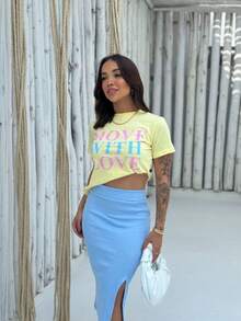 Women's Set: T-Shirt And Skirt With Slit In Ribana Fabric – Style And Comfort - Màu vàng - Xem 3