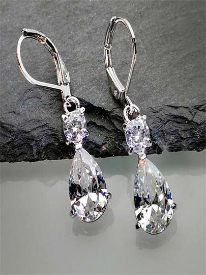 2pcs Jewelry Silver Luxurious Teardrop Cubic Zirconia Ear Clips Pendant Earrings - Elegant Women's Long Luxury Glamorous Alluring Sparkly Zirconia Gem Drop Dangle Earrings