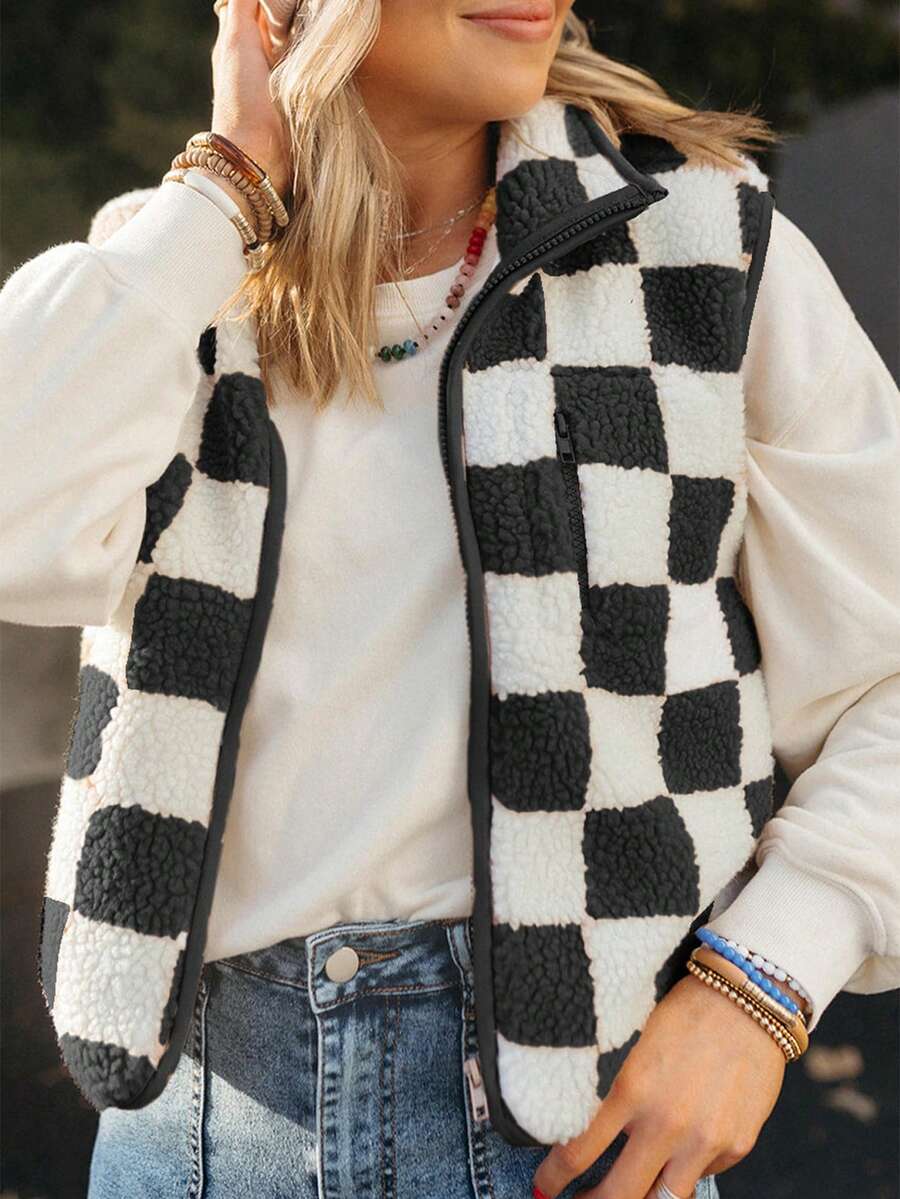 Astylish Áo khoác Sherpa không tay kẻ caro cho nữ, áo khoác ngoài nhẹ, ấm, có khóa kéo, có túi - màu đen - Xem 1
