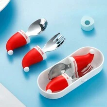 圣诞帽不锈钢婴儿勺叉硅胶短柄儿童叉子辅助食物餐具宝宝训练勺圣诞可爱勺子圣诞礼物 - 紅色 - 查看 6