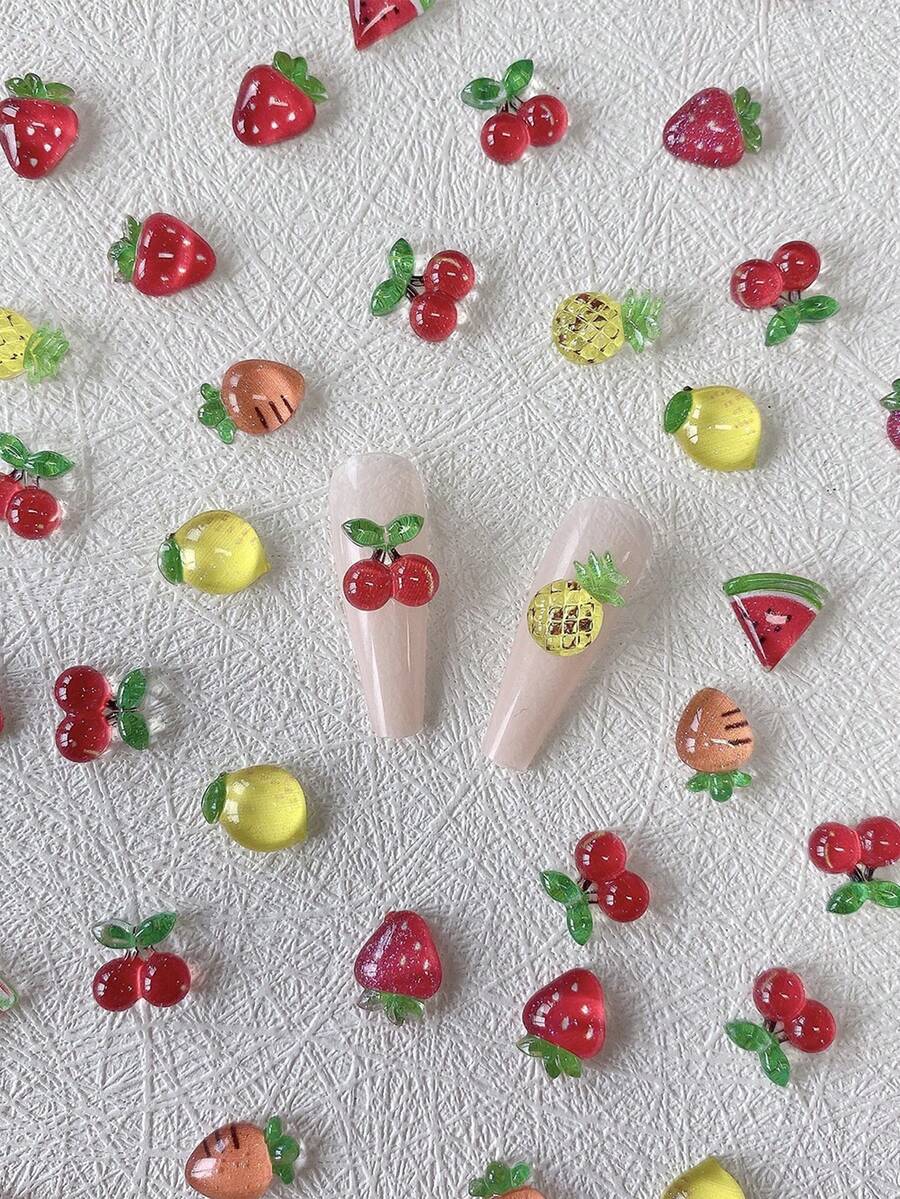 100pcs Cute Cartoon Fruit Nail Art Decorations, 3D Cherry Apple