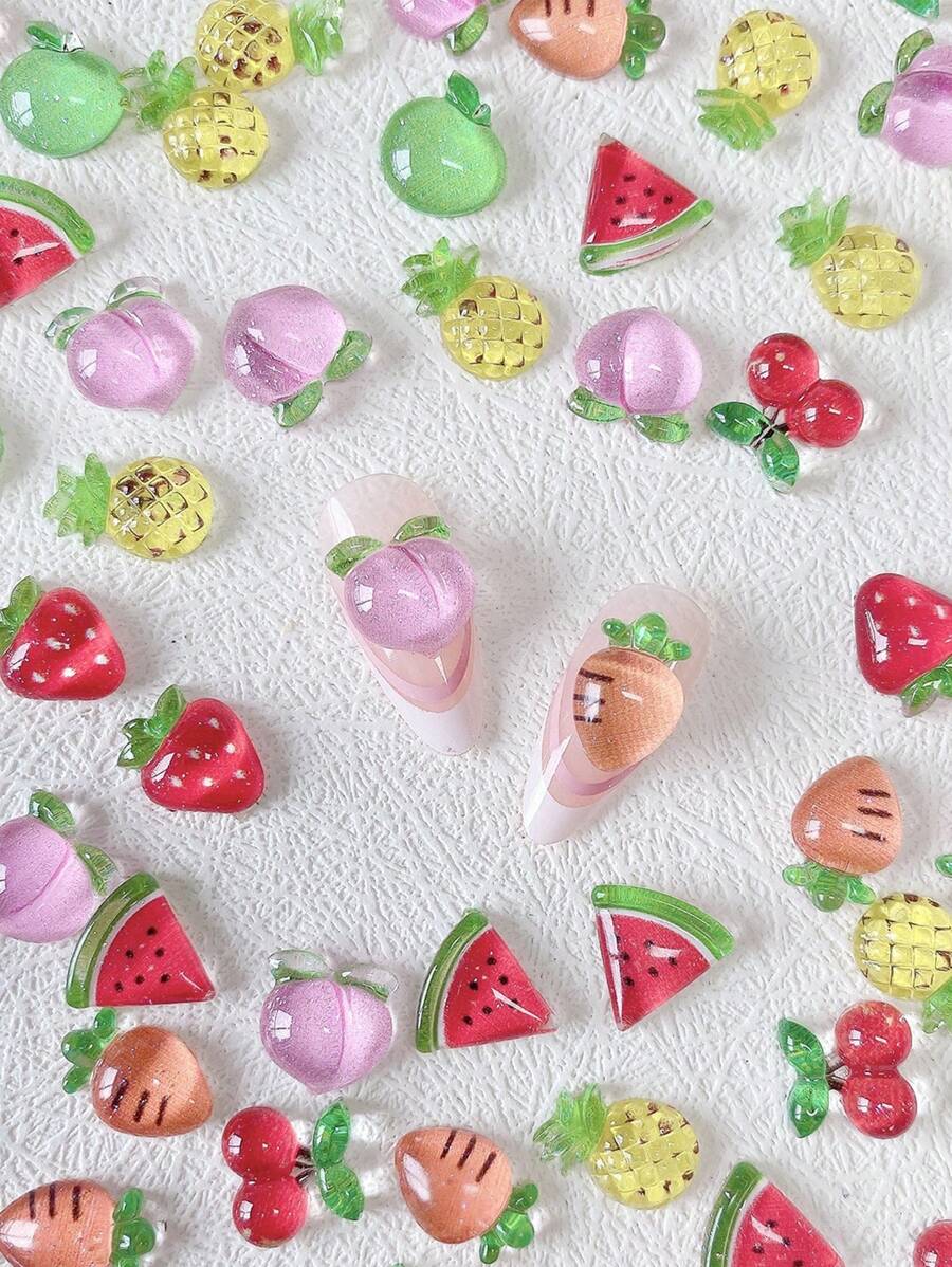 100pcs Cute Cartoon Fruit Nail Art Decorations, 3D Cherry Apple