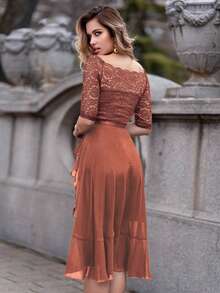MIUSOL Floral Lace Boat Neck Sleeveless Chiffon Ruffle Hem Swing Dress For Party - Rust Brown - View 3