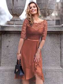 MIUSOL Floral Lace Boat Neck Sleeveless Chiffon Ruffle Hem Swing Dress For Party - Rust Brown - View 5