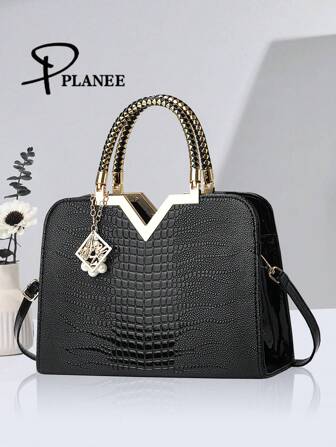 PLANEE Fashionable Bright Leather Women's Handbag, Faux Pearl Pendant Style Shoulder Bag, Elegant Large-Capacity Shopping Bag, Multifunctional Top Handle Wallet, Women's Casual Commuter Bag, Detachable Shoulder Strap, Create A Versatile Luxury Style, Best Mother Day Gifts Ever