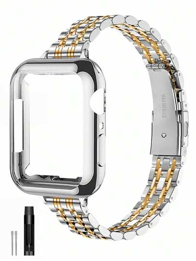 Klockarmband i rostfritt stål, kompatibelt med 41 mm, 40 mm, 38 mm, 45 mm, 44 mm, 42 mm, passar -serien 10/9/8/7/6/5/4/3/2/1/SE/SE2, smalt lyxarmband + skärmskydd