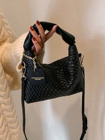 New Fashionable Simple All-Match Pleated Woven Pu Tote Shoulder Crossbody Bag With Patchwork Design