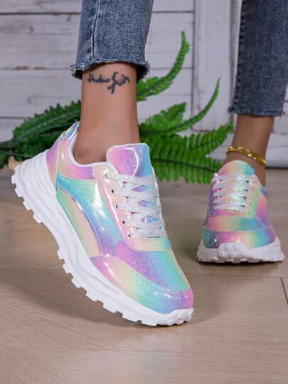 New Women's Breathable Comfortable Casual Sport Shoes, Colorful Sequin Decor Sneakers, Fitness Workout Shoes, Back To School Student Shoes