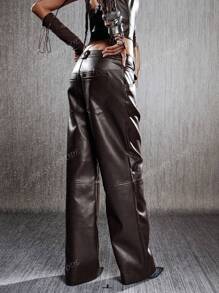 Low-Rise Distressed Wide-Leg PU Leather Pants